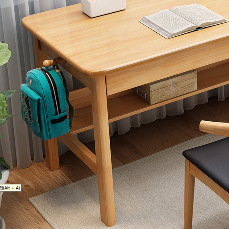 Natural Solid Wood Writing Desk with Storage Drawers – Long Rubberwood Home Office Desk