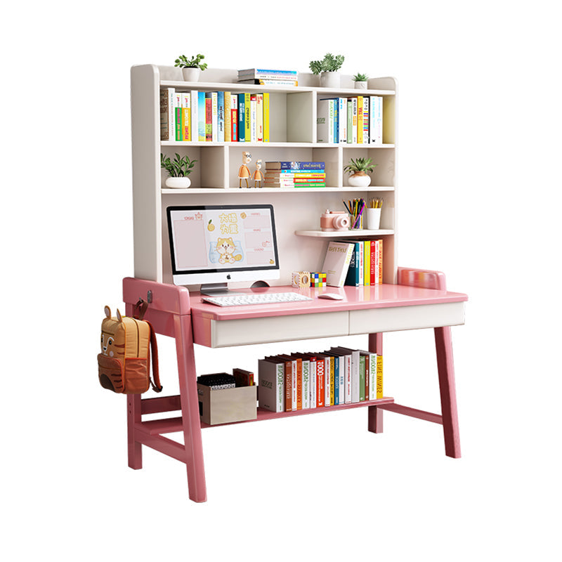 Pink  Solid Wood Writing Desk with Shelf and Drawers - Rubberwood Home Office Desk