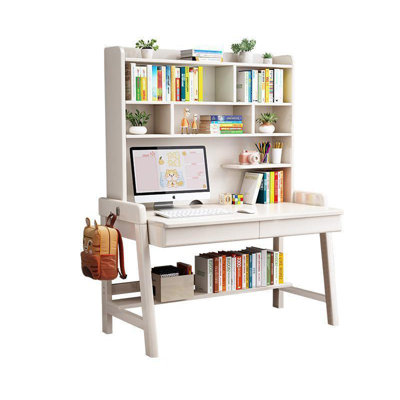 White Solid Wood Writing Desk with Shelf and Drawers - Rubberwood Home Office Desk