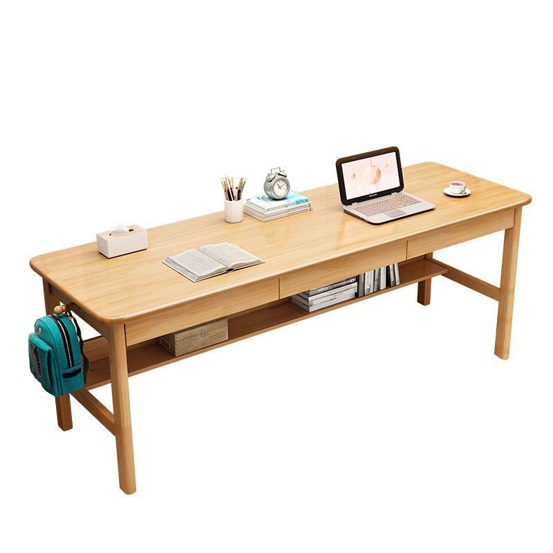 Natural Solid Wood Writing Desk with Storage Drawers – Long Rubberwood Home Office Desk
