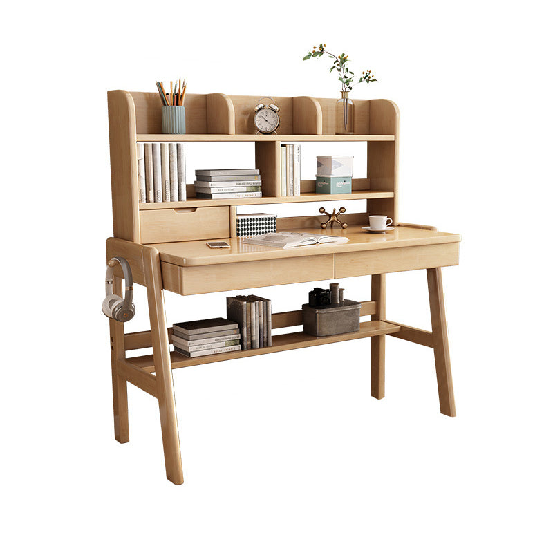Natural Solid Wood Writing Desk with Bookcase and Drawers