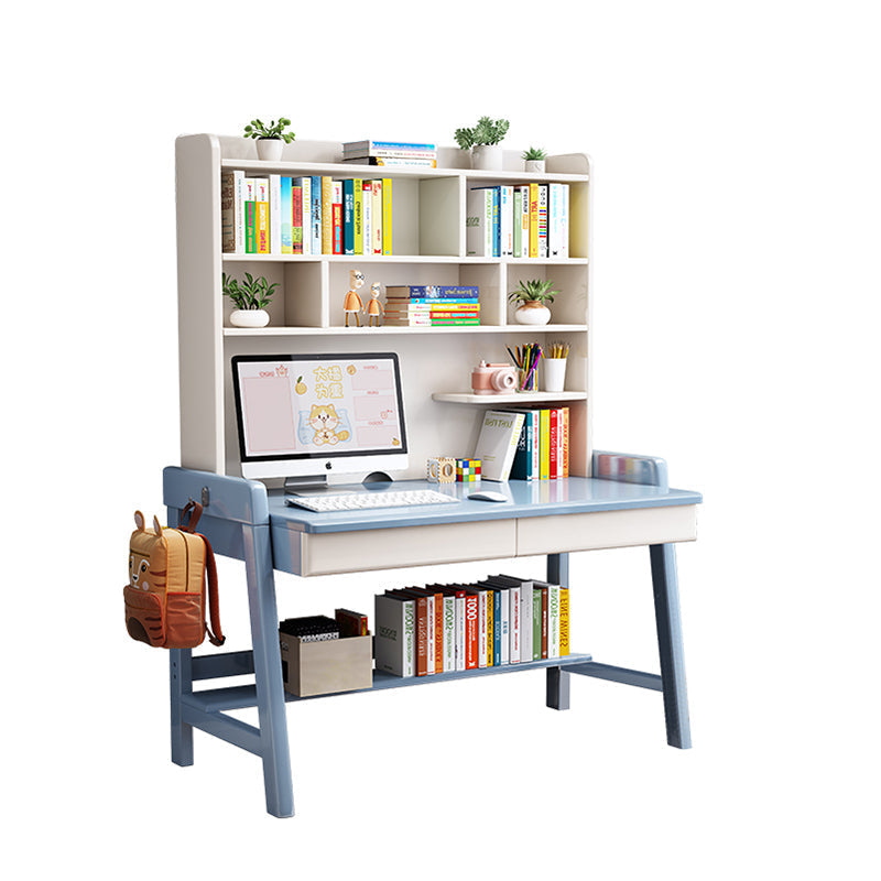 Blue Solid Wood Writing Desk with Shelf and Drawers - Rubberwood Home Office Desk