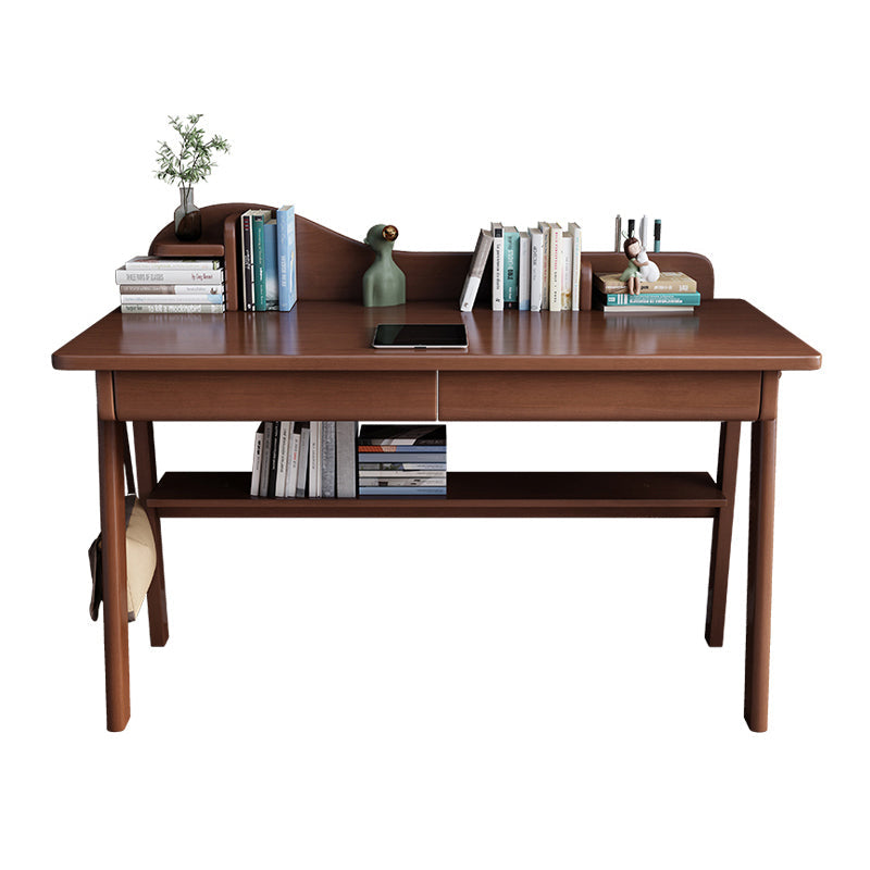 Solid Wood Writing Desk with Mini Shelf and Drawers - Walnut