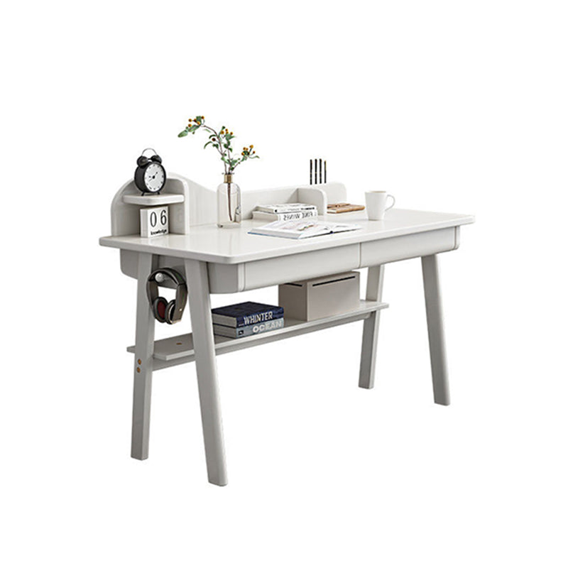 Solid Wood Writing Desk with Mini Shelf and Drawers - White