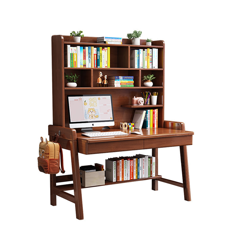 Walnut  Solid Wood Writing Desk with Shelf and Drawers - Rubberwood Home Office Desk