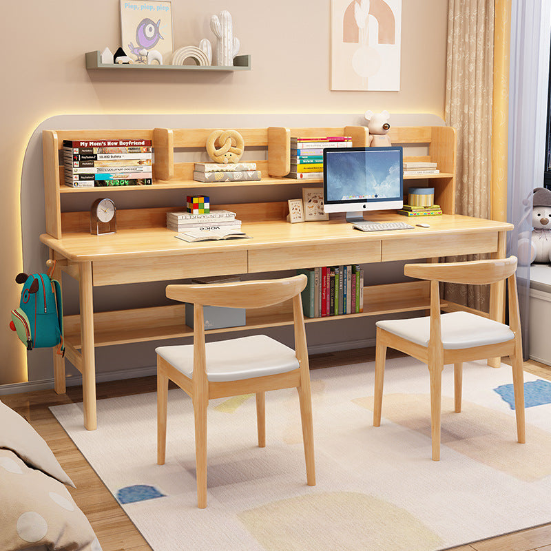 Solid Wood Writing Desk with Book Shelves and Drawers - Natural
