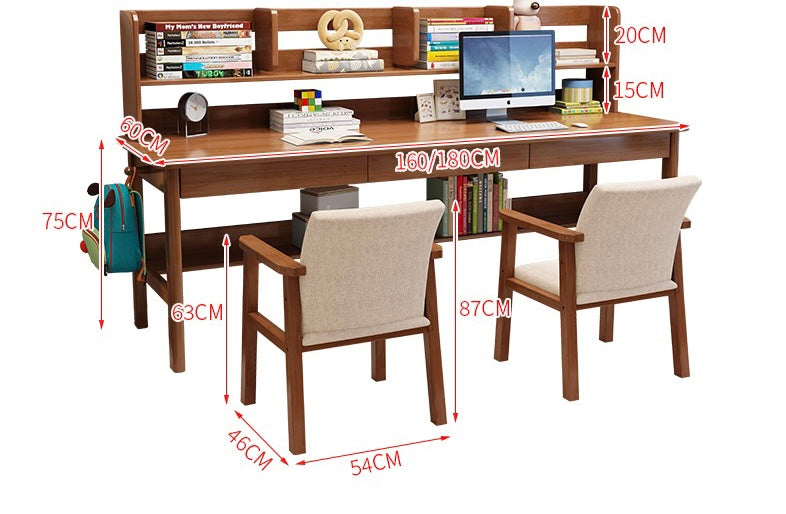 Solid Wood Writing Desk with Book Shelves and Drawers - Walnut