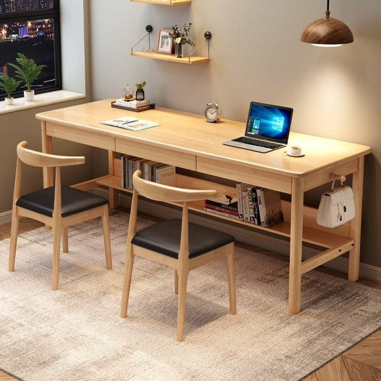 Natural Solid Wood Writing Desk with Storage Drawers – Long Rubberwood Home Office Desk