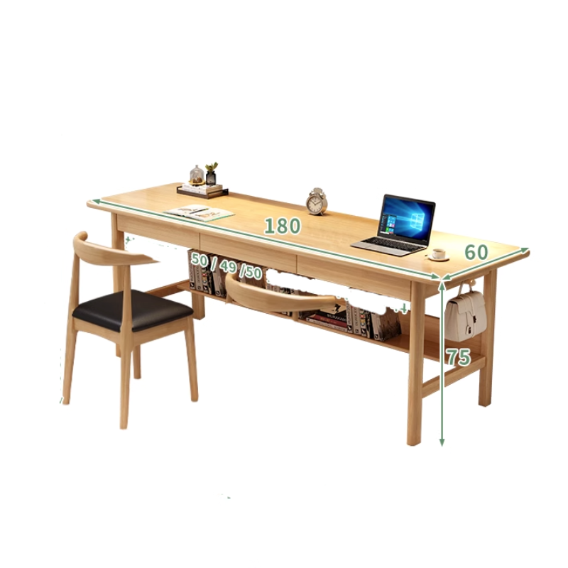 Natural Solid Wood Writing Desk with Storage Drawers – Long Rubberwood Home Office Desk