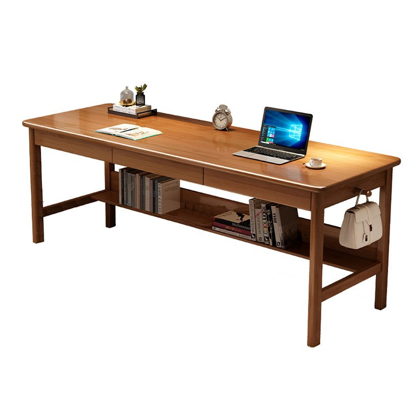 Walnut Solid Wood Writing Desk with Storage Drawers – Long Rubberwood Home Office Desk