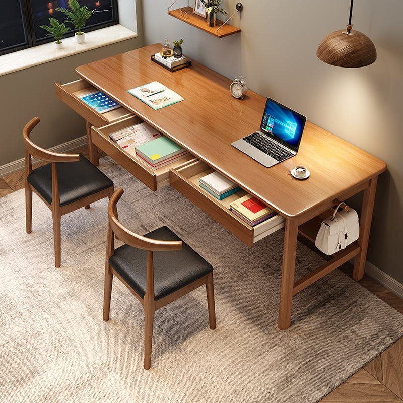 Walnut Solid Wood Writing Desk with Storage Drawers – Long Rubberwood Home Office Desk