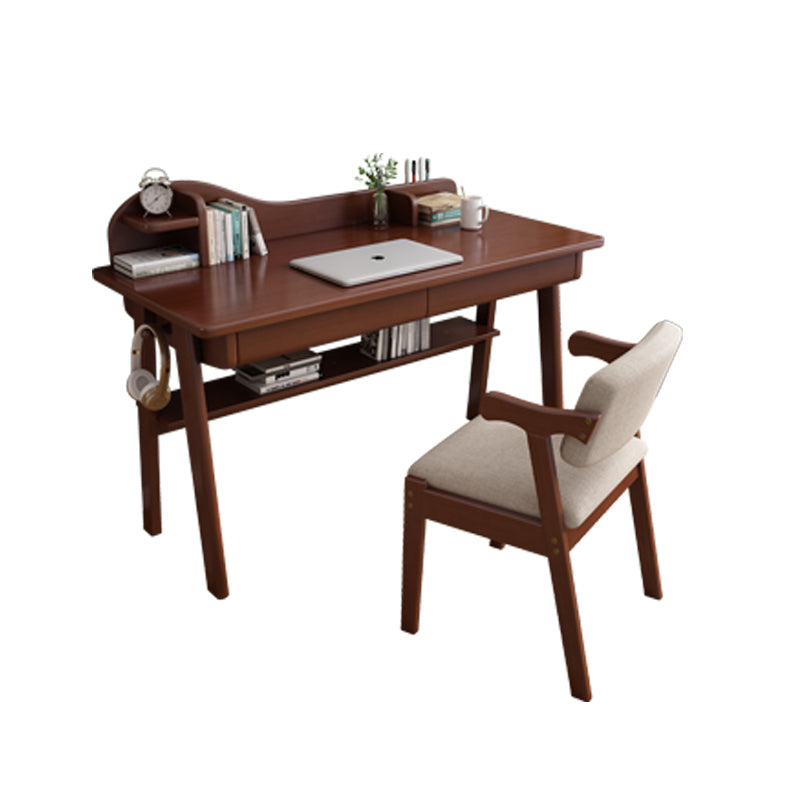Solid Wood Writing Desk with Mini Shelf and Drawers - Walnut