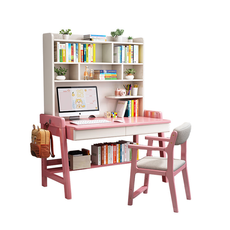 Pink  Solid Wood Writing Desk with Shelf and Drawers - Rubberwood Home Office Desk