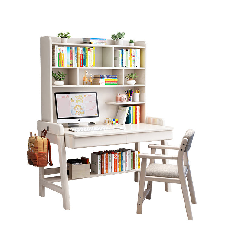 White Solid Wood Writing Desk with Shelf and Drawers - Rubberwood Home Office Desk