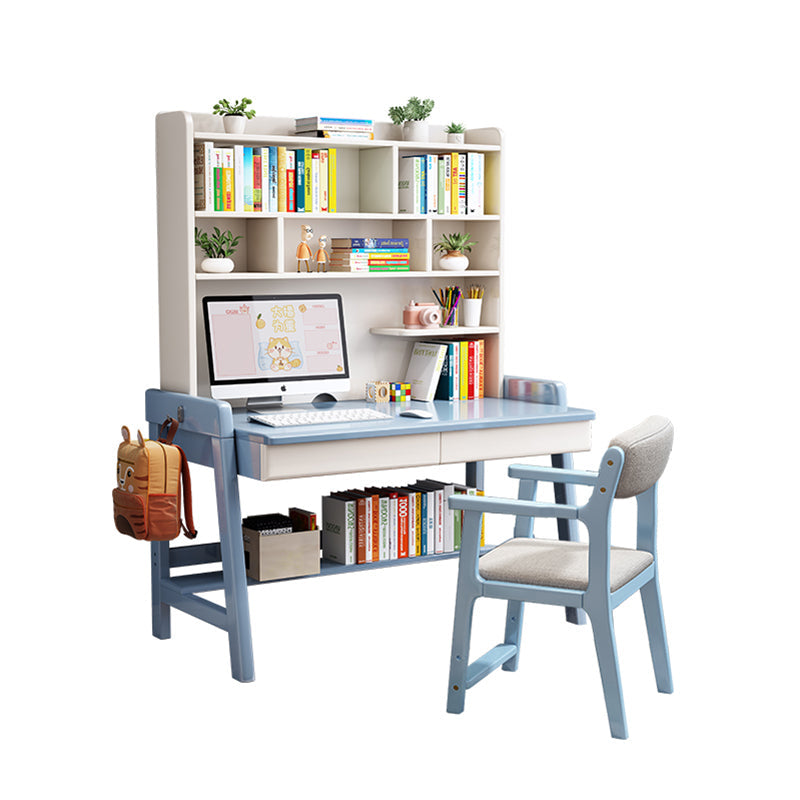 Blue Solid Wood Writing Desk with Shelf and Drawers - Rubberwood Home Office Desk