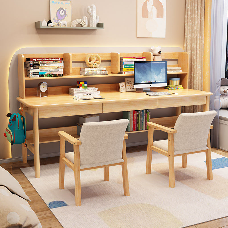 Solid Wood Writing Desk with Book Shelves and Drawers - Natural