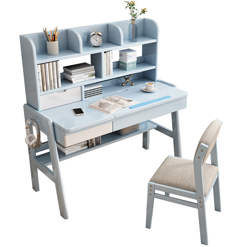 Blue Adjustable Solid Wood Writing Desk with Shelf and Drawers – Natural Rubberwood Home Office Desk