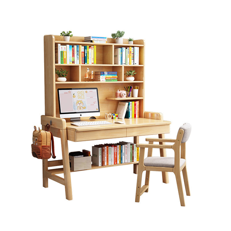 Natural  Solid Wood Writing Desk with Shelf and Drawers - Rubberwood Home Office Desk