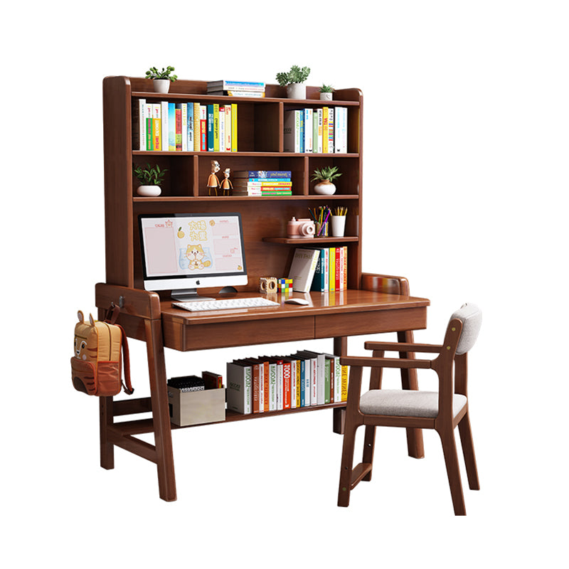 Walnut  Solid Wood Writing Desk with Shelf and Drawers - Rubberwood Home Office Desk