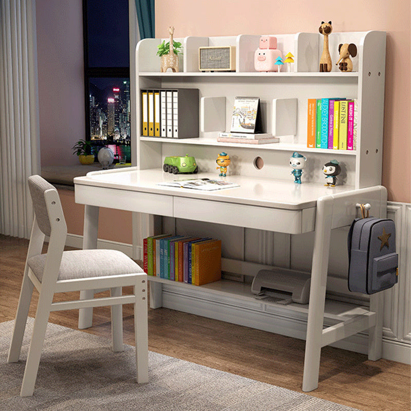 Height-Adjustable Solid Wood Z-Shape Study Chair - White Cotton-Linen