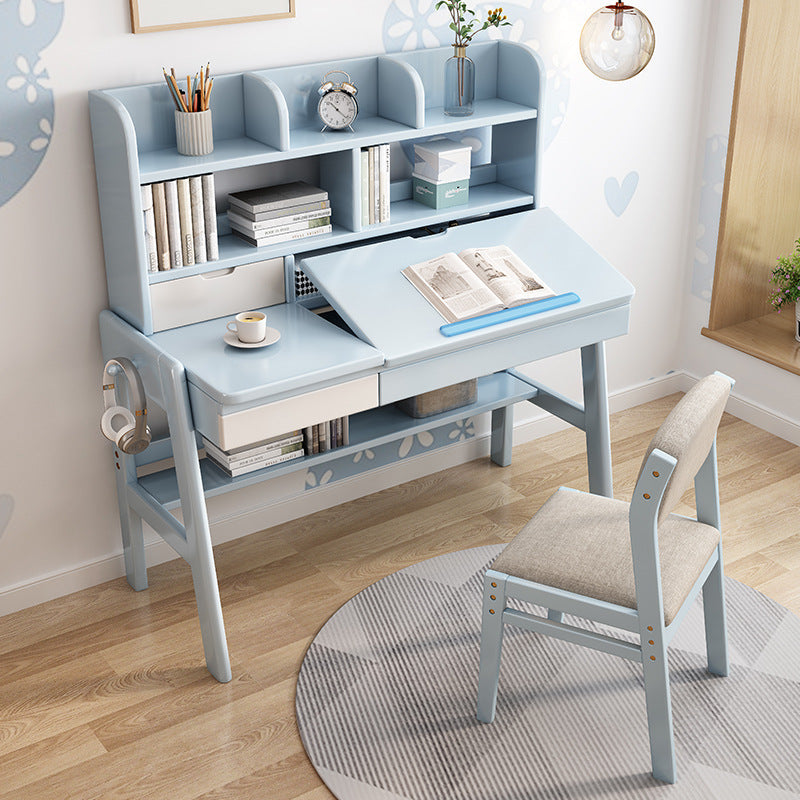 Blue Adjustable Solid Wood Writing Desk with Shelf and Drawers – Natural Rubberwood Home Office Desk