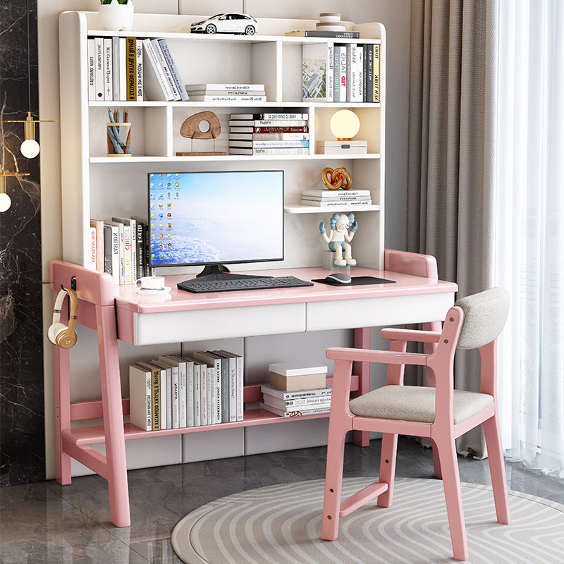 Pink  Solid Wood Writing Desk with Shelf and Drawers - Rubberwood Home Office Desk
