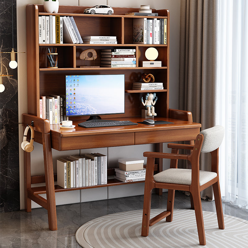 Walnut  Solid Wood Writing Desk with Shelf and Drawers - Rubberwood Home Office Desk