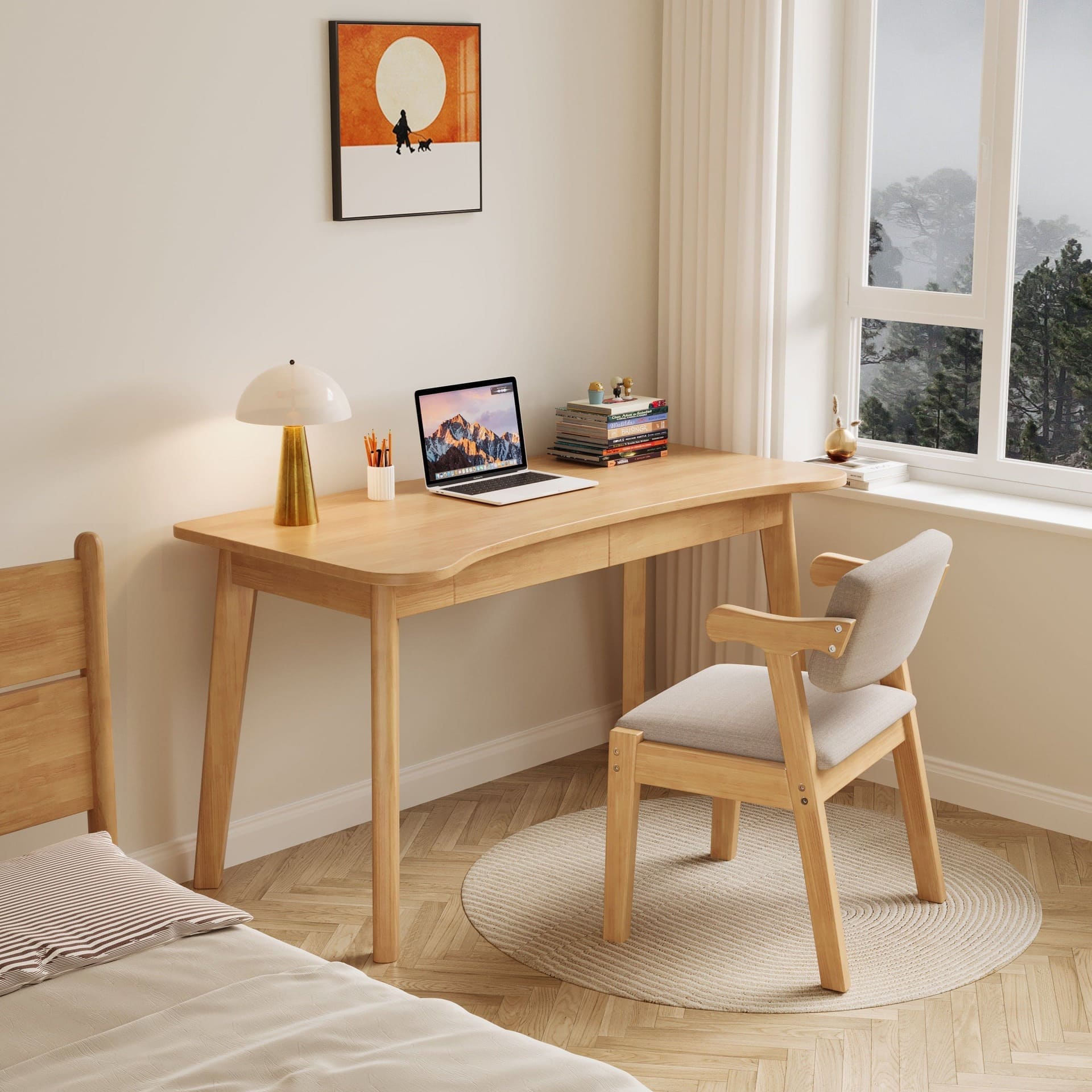 Natural Solid Rubberwood Writing Desk with Drawers – Curved Edge, 31.5”/39.4”