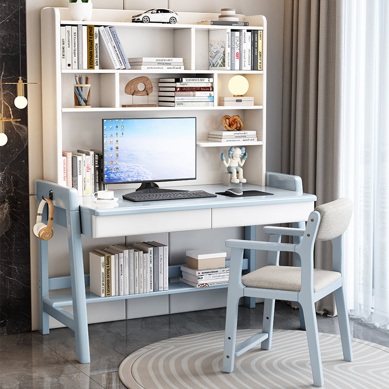 Blue Solid Wood Writing Desk with Shelf and Drawers - Rubberwood Home Office Desk