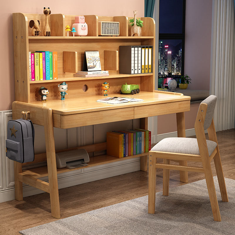 Height-Adjustable Solid Wood Z-Shape Study Chair - Natural Rubberwood, Cotton-Linen
