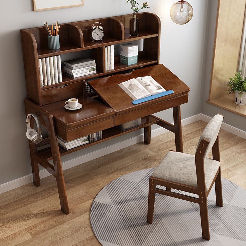 Walnut Adjustable Solid Wood Writing Desk with Shelf and Drawers – Natural Rubberwood Home Office Desk