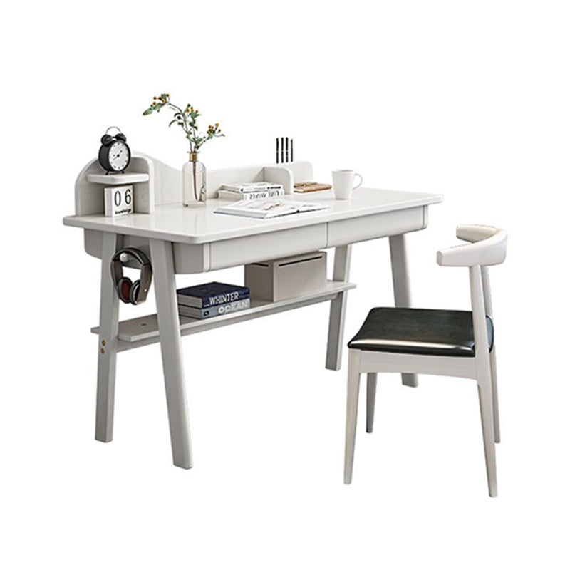 Solid Wood Writing Desk with Mini Shelf and Drawers - White