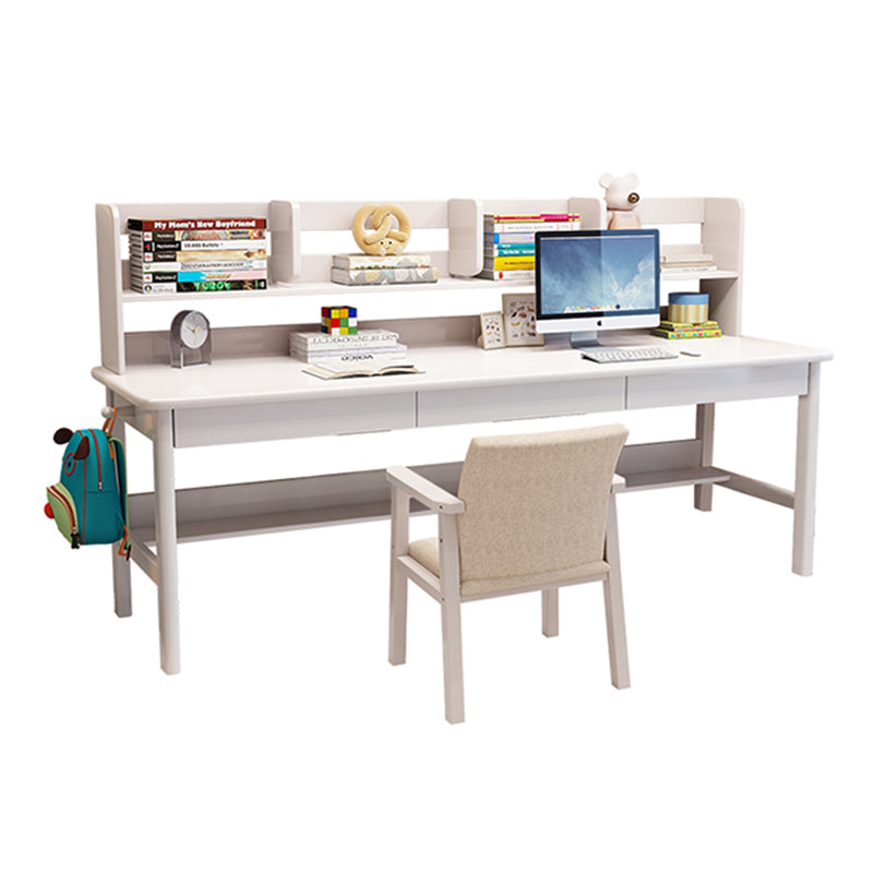 Solid Wood Writing Desk with Book Shelves and Drawers - White