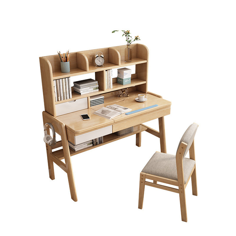 Adjustable Solid Wood Writing Desk with Shelf and Drawers – Natural Rubberwood Home Office Desk