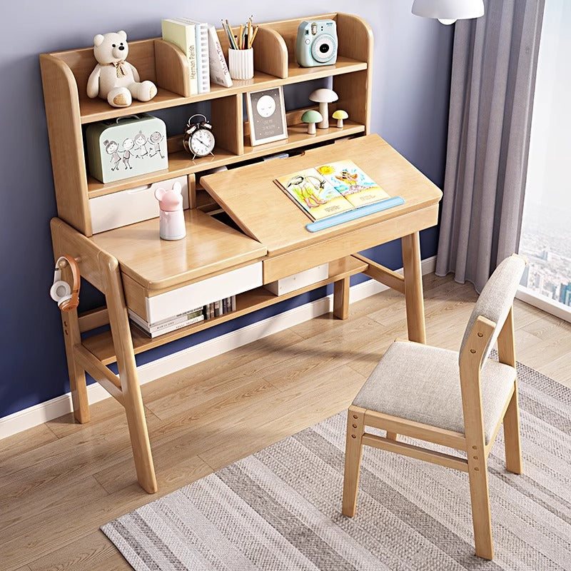 Adjustable Solid Wood Writing Desk with Shelf and Drawers – Natural Rubberwood Home Office Desk