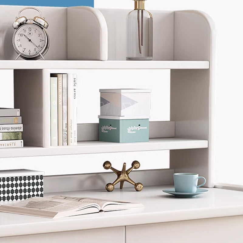 White Solid Wood Writing Desk with Bookcase and Drawers