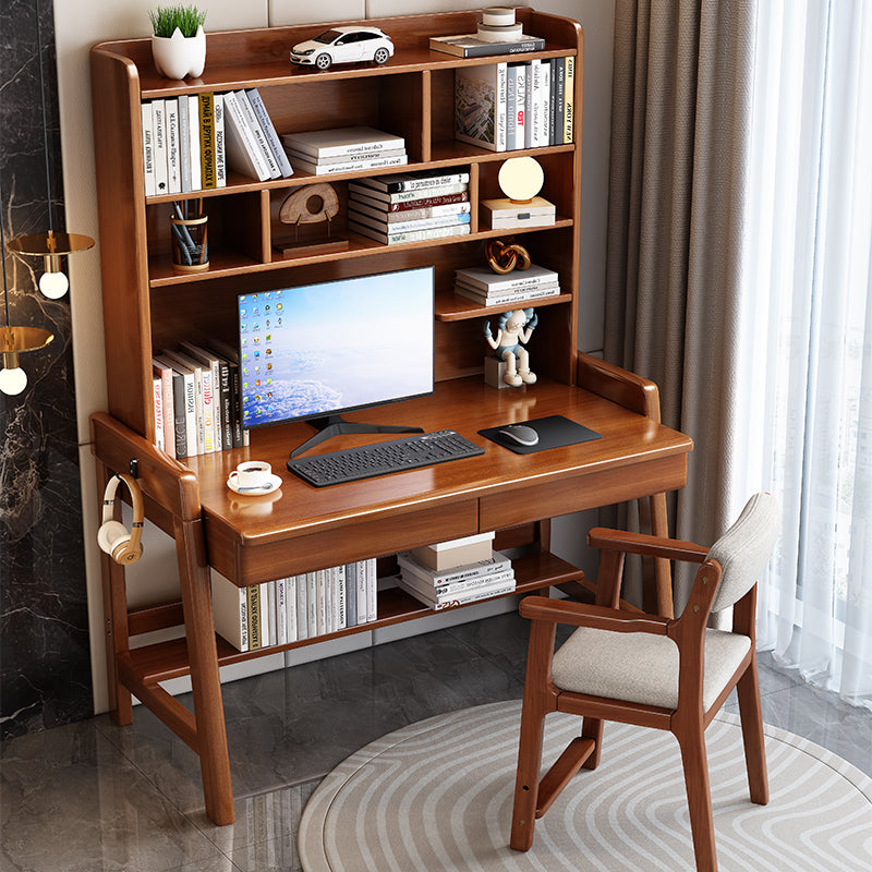 Walnut  Solid Wood Writing Desk with Shelf and Drawers - Rubberwood Home Office Desk