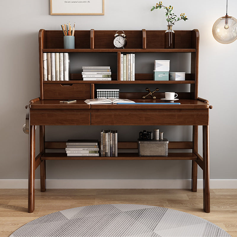 Walnut Adjustable Solid Wood Writing Desk with Shelf and Drawers – Natural Rubberwood Home Office Desk