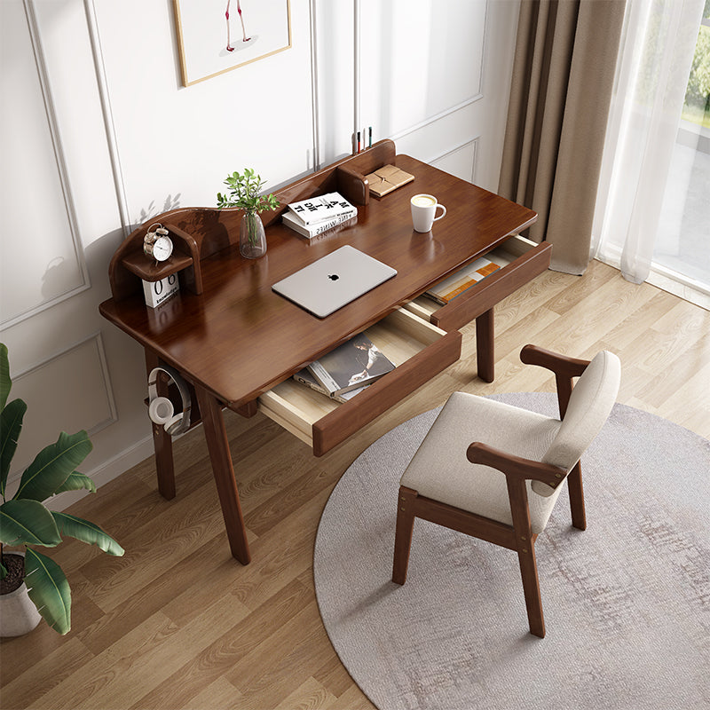 Solid Wood Writing Desk with Mini Shelf and Drawers - Walnut