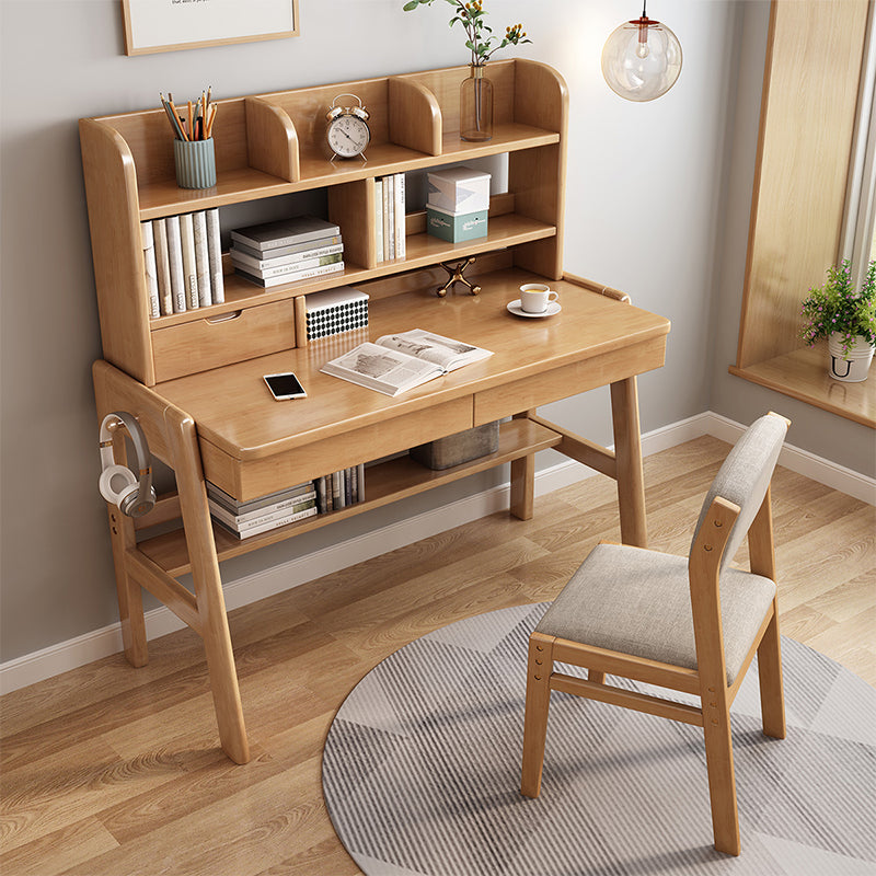 Natural Solid Wood Writing Desk with Bookcase and Drawers