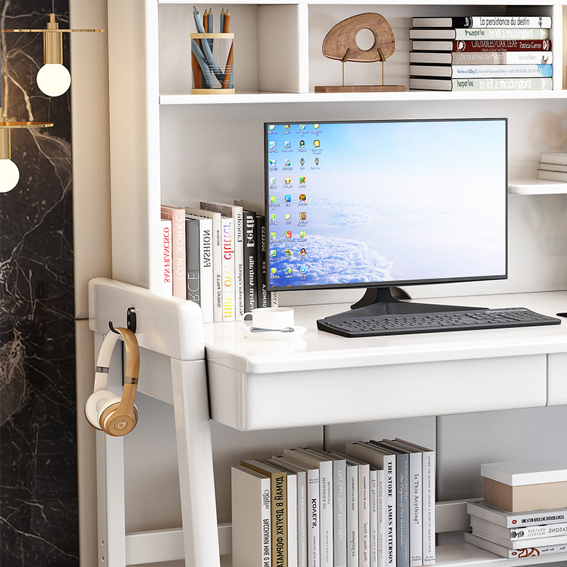 White Solid Wood Writing Desk with Shelf and Drawers - Rubberwood Home Office Desk