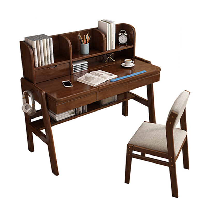 Walnut Adjustable Solid Wood Writing Desk with Shelf and Drawers – Natural Rubberwood Home Office Desk