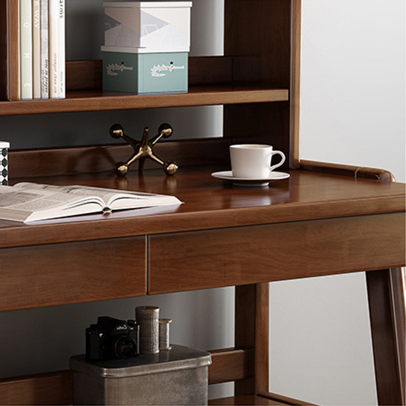 Walnut Solid Wood Writing Desk with Bookcase and Drawers
