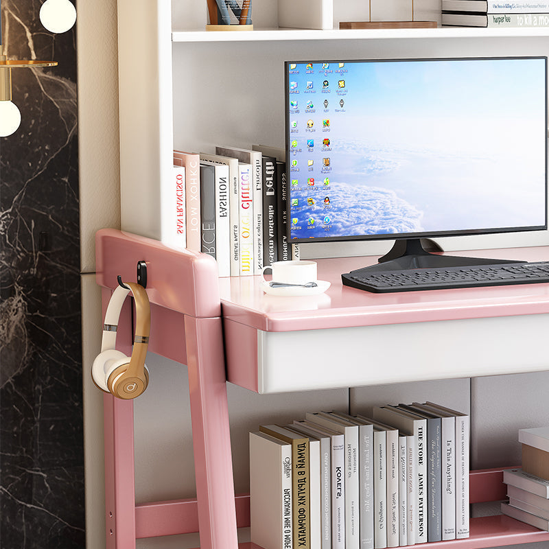 Pink  Solid Wood Writing Desk with Shelf and Drawers - Rubberwood Home Office Desk