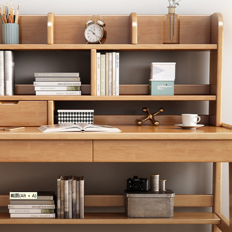 Natural Solid Wood Writing Desk with Bookcase and Drawers