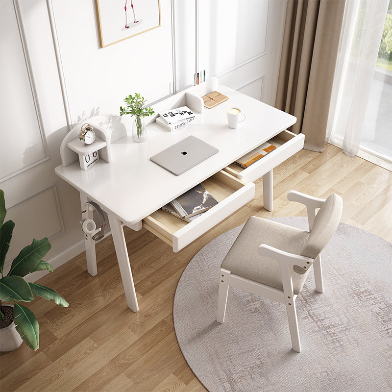 Solid Wood Writing Desk with Mini Shelf and Drawers - White