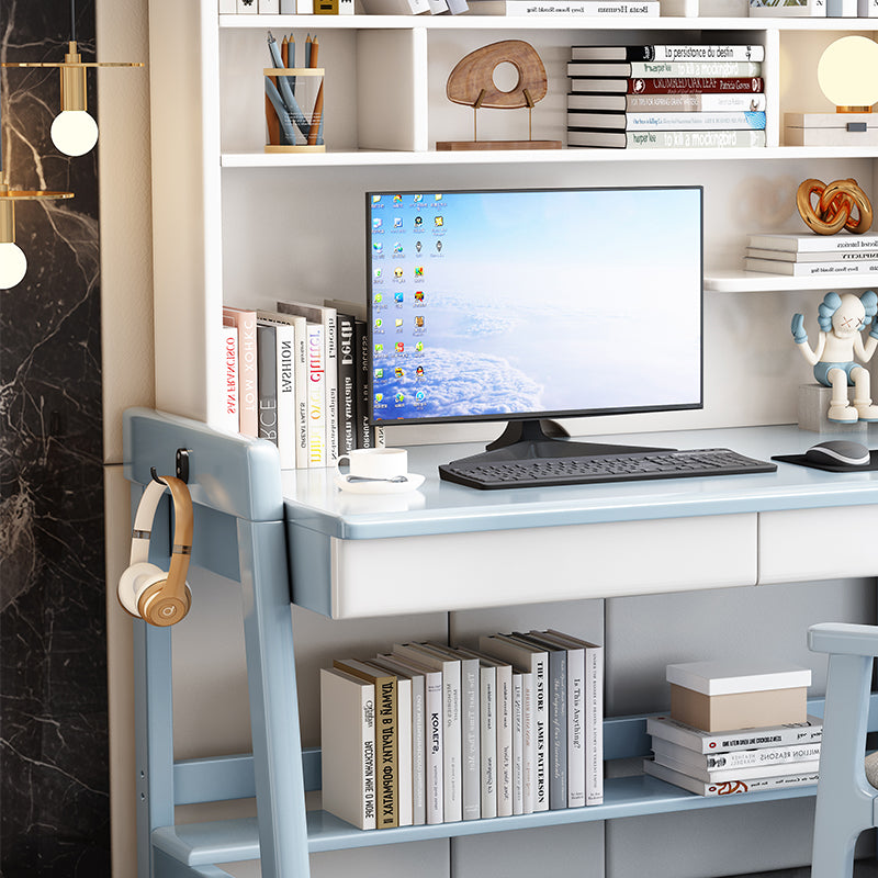 Blue Solid Wood Writing Desk with Shelf and Drawers - Rubberwood Home Office Desk