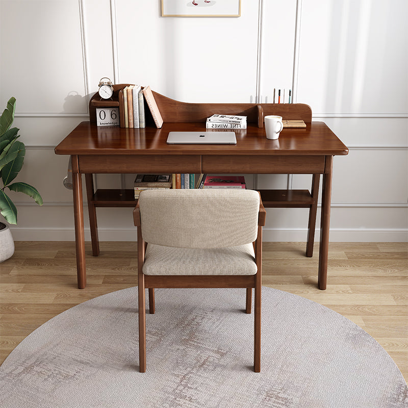 Solid Wood Writing Desk with Mini Shelf and Drawers - Walnut