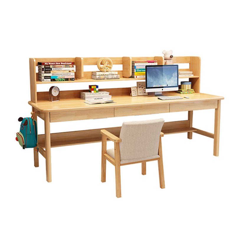 Solid Wood Writing Desk with Book Shelves and Drawers - Natural