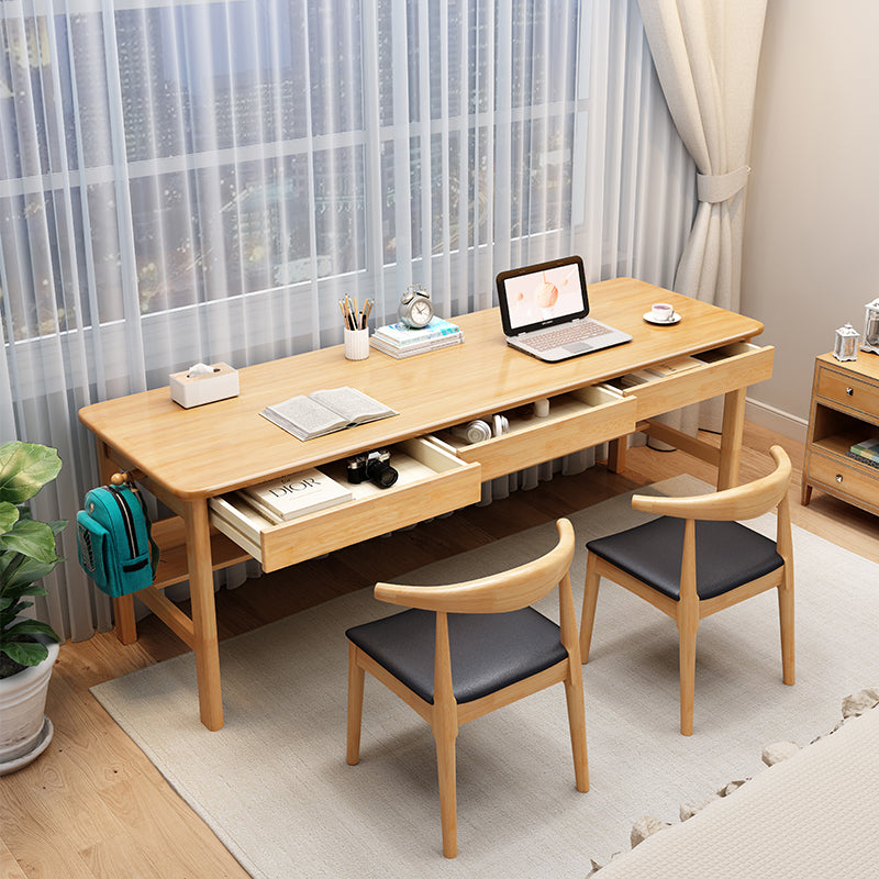 Natural Solid Wood Writing Desk with Storage Drawers – Long Rubberwood Home Office Desk